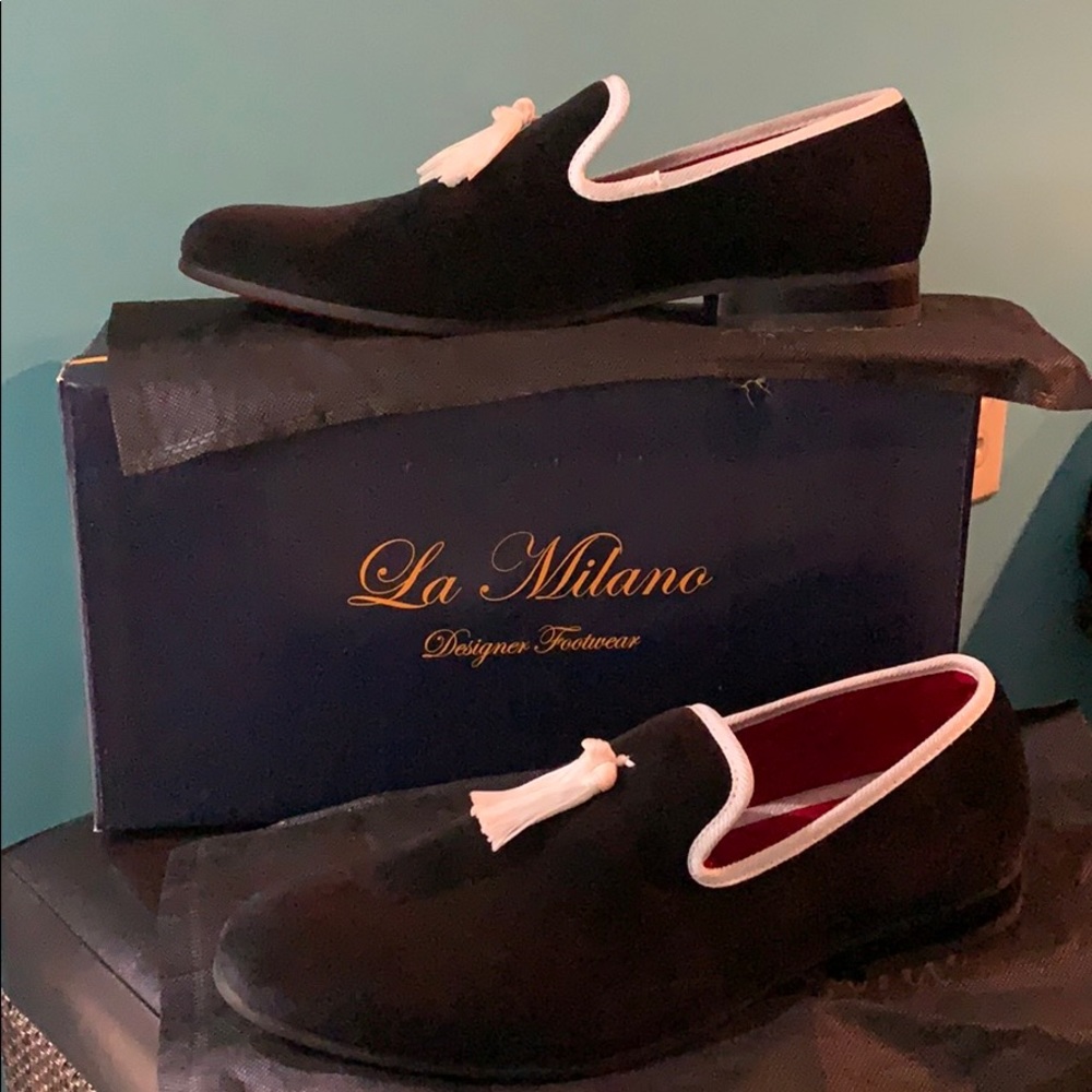 La Milano Black Velvet Loafers with White Tassel